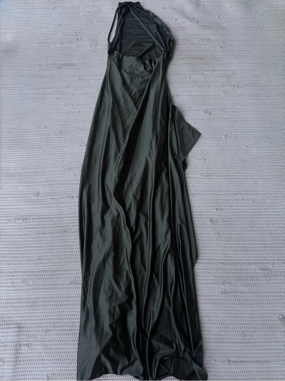 Olive Green One Shoulder Satin Maxi Dress High Slit Formal Evening XL M - Picture 11 of 16